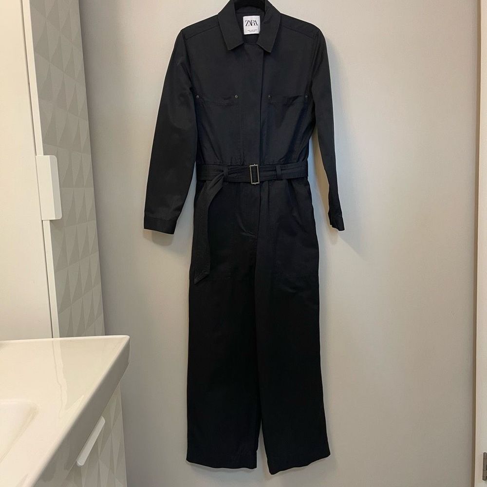 Zara Women’s Jumpsuit Medium Slim Fit Overall Long Black Pockets